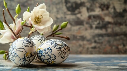 Elegant Floral Easter Eggs with Magnolia on Rustic Surface