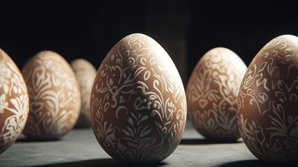 Brown Etched Easter Eggs with White Floral Pattern on Dark Background