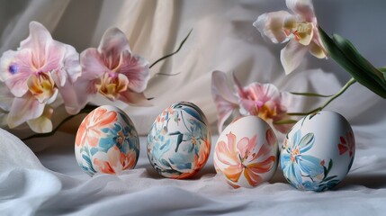 Fototapeta premium Elegant floral painted Easter eggs with orchid decor and soft white fabric