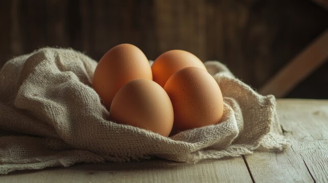 Natural brown eggs on rustic burlap in warm farmhouse lighting