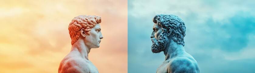 Ambition or Contentment  decide between two options Greek statue presenting a choice ambition or contentment, weighing their values Looking at pros and cons  ,3d illustration