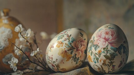 Vintage floral Easter eggs with roses on classic background