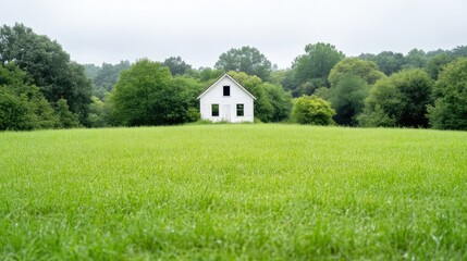 Abandoned house in a grassy field, surrounded by trees
