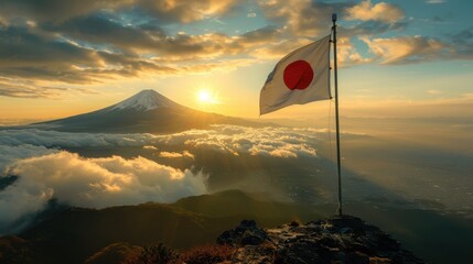 Japan's Majestic Embrace: A serene capture of Japan's flag fluttering proudly against the backdrop of Mount Fuji during a glorious sunrise.