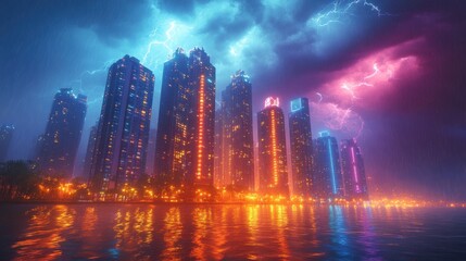 Neon Cityscape Under a Thunderous Sky