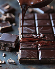 Decadent chocolate being drizzled over rich chocolate bars creates mouthwatering scene of indulgence