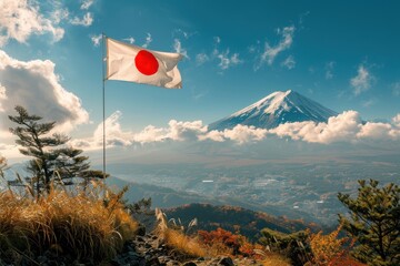 Japan's Emblem: Majestic Mount Fuji watches over a cityscape, a national flag waving proudly in the foreground. Capturing the essence of scenic beauty and cultural identity.
