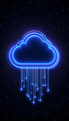 Glowing blue cloud icon with digital data streams, dark background