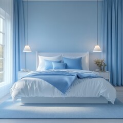 Calming blue bedroom interior features a well made bed