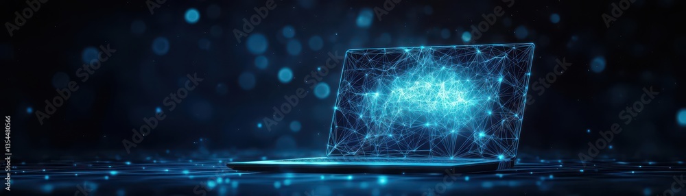 Aufkleber An abstract laptop design is presented in a low poly style, featuring a blue geometric background with wireframe light connection structures in a modern 3D graphic concept