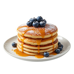 Fluffy pancakes stacked high, drizzled with syrup, topped with blueberries, and dusted with sugar create delightful breakfast