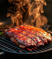 Smoked brisket on charcoal grill, hickory smoke rising, tasty, food photography, outdoor