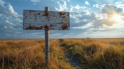 Empty Signpost in the Wilderness: weathered signpost stands sentinel on a grassy plain beneath a dynamic sky. It evokes a sense of anticipation and the unknown.