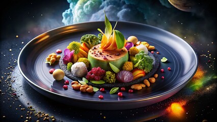 A gourmet dish artfully presented by a chef in a high-end restaurant, with vibrant colors and exquisite plating 