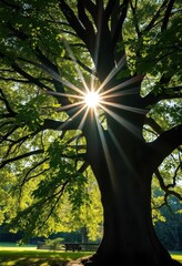 Fototapeta premium Sunlight filters through ancient beech tree, illuminating leaves and trunk, warm, old