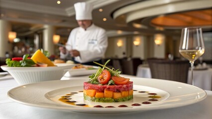 A gourmet dish artfully presented by a chef in a high-end restaurant, with vibrant colors and exquisite plating 