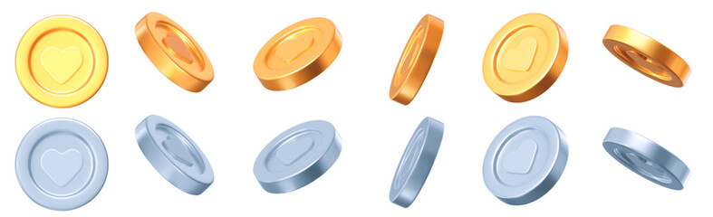 3d set of golden and silver coins with heart, different angles. Stock vector illustration on isolated background.	
