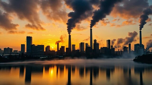 Industrial Skyline's Grim Embrace: A cityscape defined by looming smokestacks against an apocalyptic sunrise sky.
