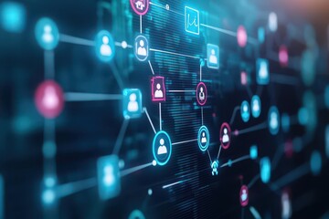 An animated flowchart depicting digital human resource strategies with avatars representing team roles and tasks all displayed on a modern interactive touchscreen