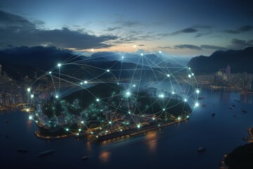 Fototapeta premium Aerial view of island with glowing network over city at dusk