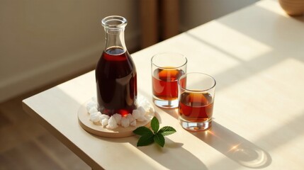 Sunlit Still Life with Dark Beverage in Glassware and Sweetener
