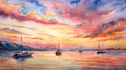 Serene boats sailing at sunset over calm waters  