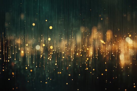 Fototapeta Golden, shimmering, abstract backdrop.  A digital art piece featuring cascading golden particles against a dark backdrop