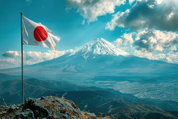 Japan's National Pride: The iconic image features the Japanese flag, proudly waving against the majestic backdrop of Mount Fuji under a captivating sky. Capturing the essence of Japan's beauty.