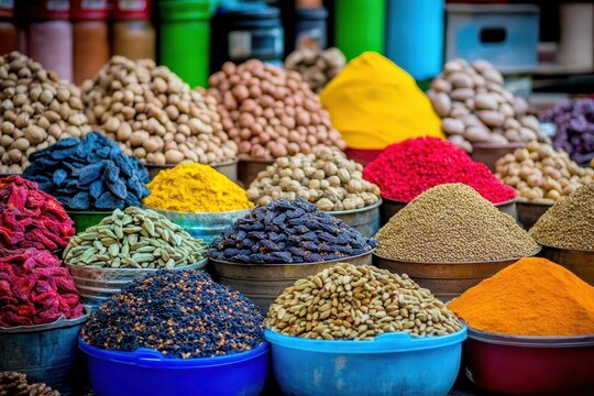 An assortment of fresh dried fruits, nuts, seeds and spices in the Khari Baoli spice market in Old Delhi, India