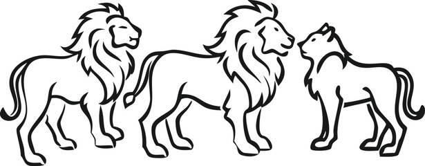 Black and white silhouette illustration of three lions in profile views.