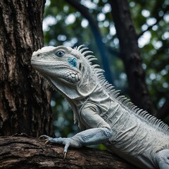 Fototapeta premium A mystical white iguana with glowing blue eyes perched on an ancient tree.