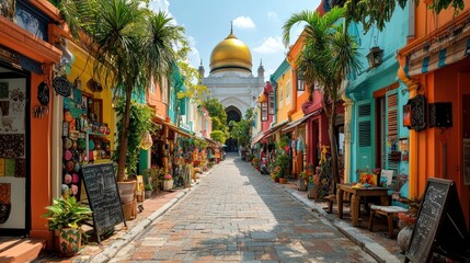Fototapeta premium Colorful street lined with shops and leading to a mosque