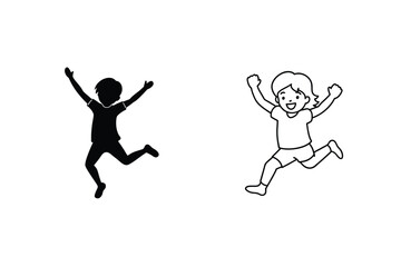 Happy Jumping Children Silhouettes Line Art and Solid Black