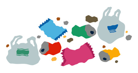散乱したゴミのイラスト　プラスチックごみ・空き缶・レジ袋のフラットデザイン素材　環境問題・リサイクル・エコ素材に最適