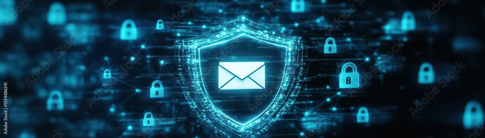 Poster an email icon surrounded by a shield, with digital locks in the background, illustrating robust emai