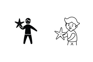 Happy Boys Holding Starfish Beach, Summer, Ocean, Icon, Illustration, Kids, Cute, Simple, Design, Li