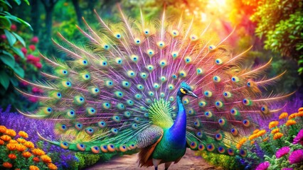 Obraz premium A magnificent peacock with iridescent rainbow-colored feathers, displaying its tail in a mystical garden. Hyper-detailed, photorealistic