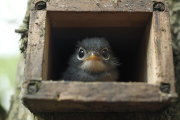 A fluffy grey baby bird stares intensely from its wooden nesting box.