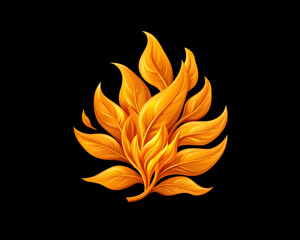 Golden autumn leaves arranged in a flame-like pattern on a black background
