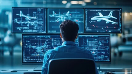 An engineer focuses on complex aircraft designs displayed across multiple highresolution screens in a sleek, modern workspace, showcasing his dedication to precision