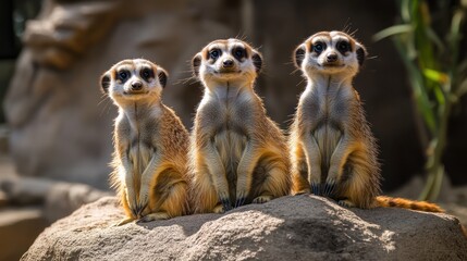 Fototapeta premium Three meerkats sitting on a rock, zoo, outdoors, adorable