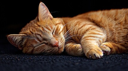 A ginger tabby cat peacefully sleeps curled up on a dark surface.