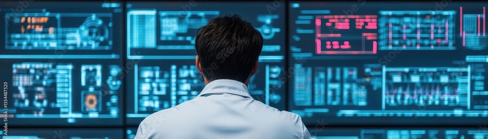 Poster an engineer manager closely observes the control panel, monitoring vital data and robotic machinery 