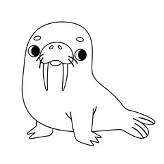 Cute cartoon sea animal walrus, Coloring book for kids