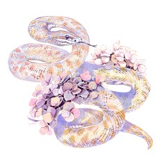 Fototapeta premium Elegant Snake With Hydrangea Flowers, Blending Nature And Art In A Beautiful, Watercolor Composition. Aesthetic, Colorful, And Decorative Design Perfect For Modern Illustration And Creative Expression