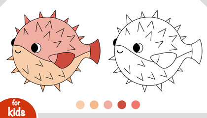 Cute cartoon fish fugu, coloring book for kids