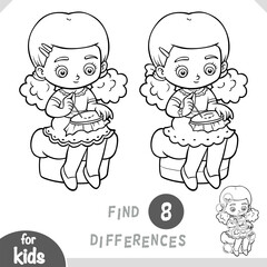 Embroidering girl. Find differences, black and white educational game