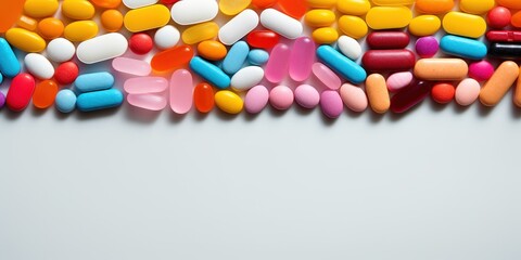 Obraz premium Assortment of Capsules & Pills arranged on a Solid Light Background, Top Down Close-Up