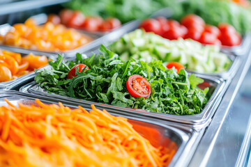 Fresh salad bar with vibrant vegetables, including greens, tomatoes, and carrots, inviting