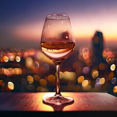 Single wine glass with city background at sunset